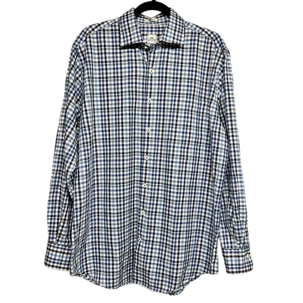 Peter Millar Blue Plaid Button Down Shirt Men's Size Large